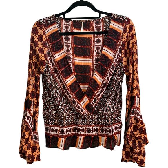 Free People Rosalie Wrap V Neck Top Mixed Media Boho Peasant Flowy M - Picture 2 of 8